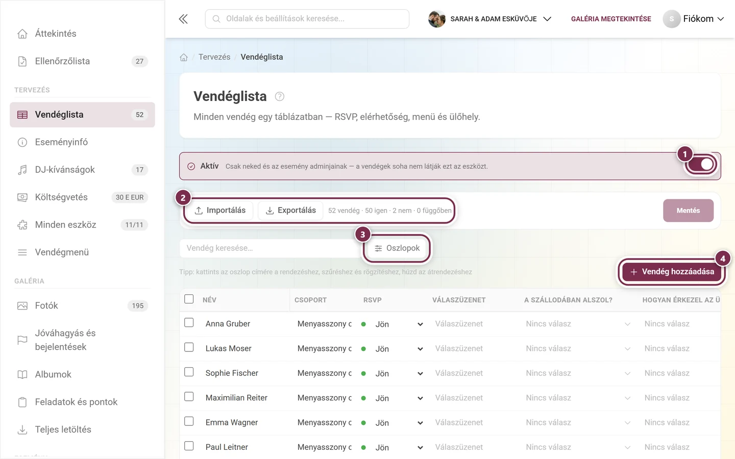 Vendéglista a kiemelt Aktív kapcsolóval, Importálás és Exportálás, oszlopgombbal és Vendég hozzáadásával