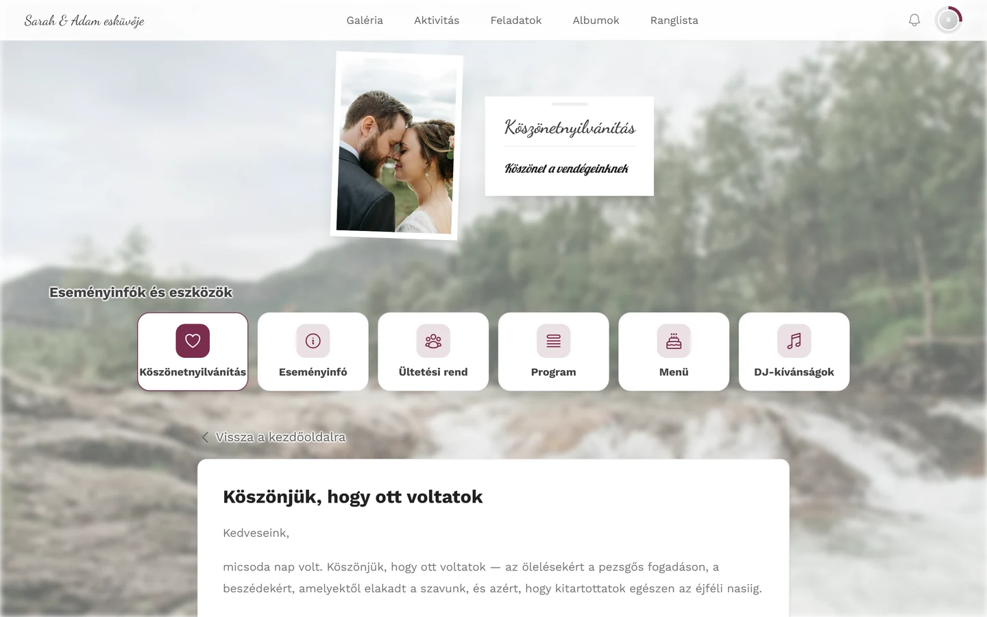 Köszönőoldal vendégnézetből, címmel, szöveggel és a kiemelt Köszönőoldal kártyával