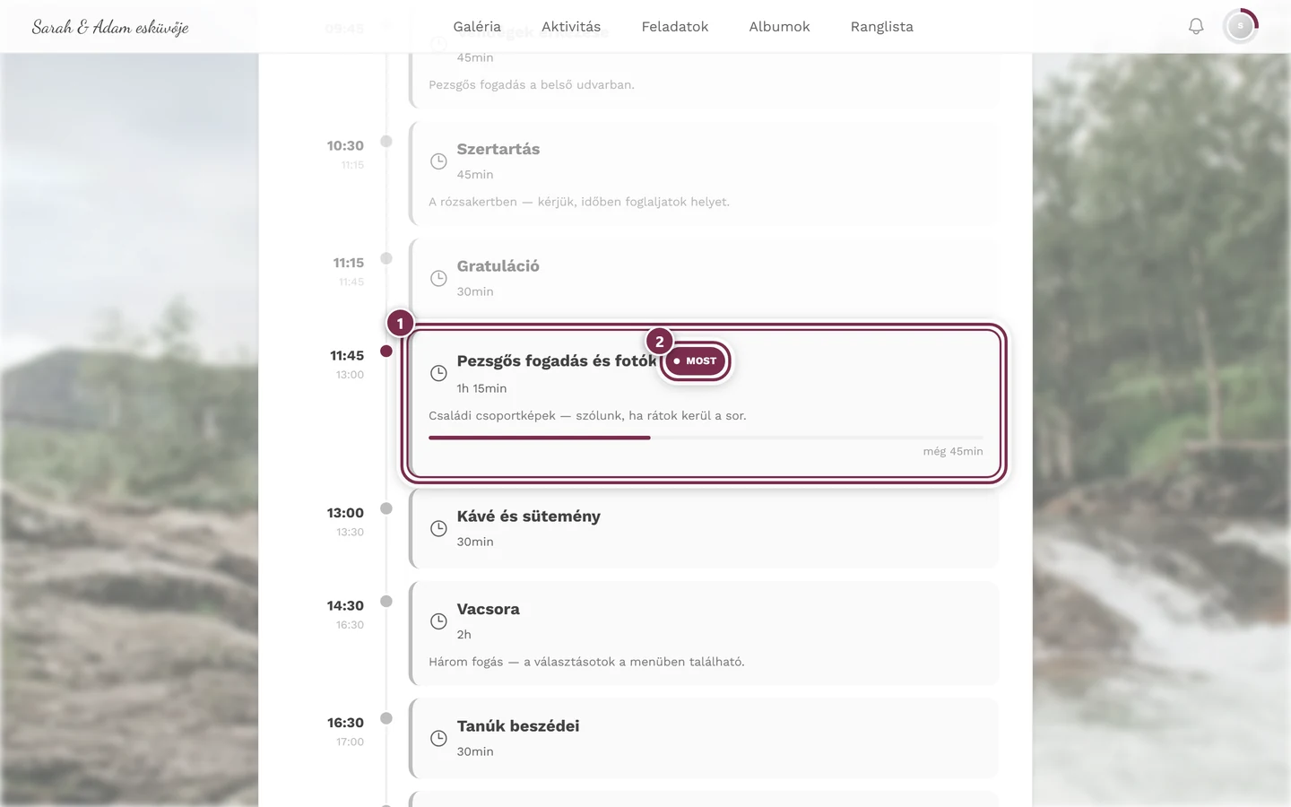 Program az esemény alatt, megjelölve az aktuális ponttal és a Most jelzéssel
