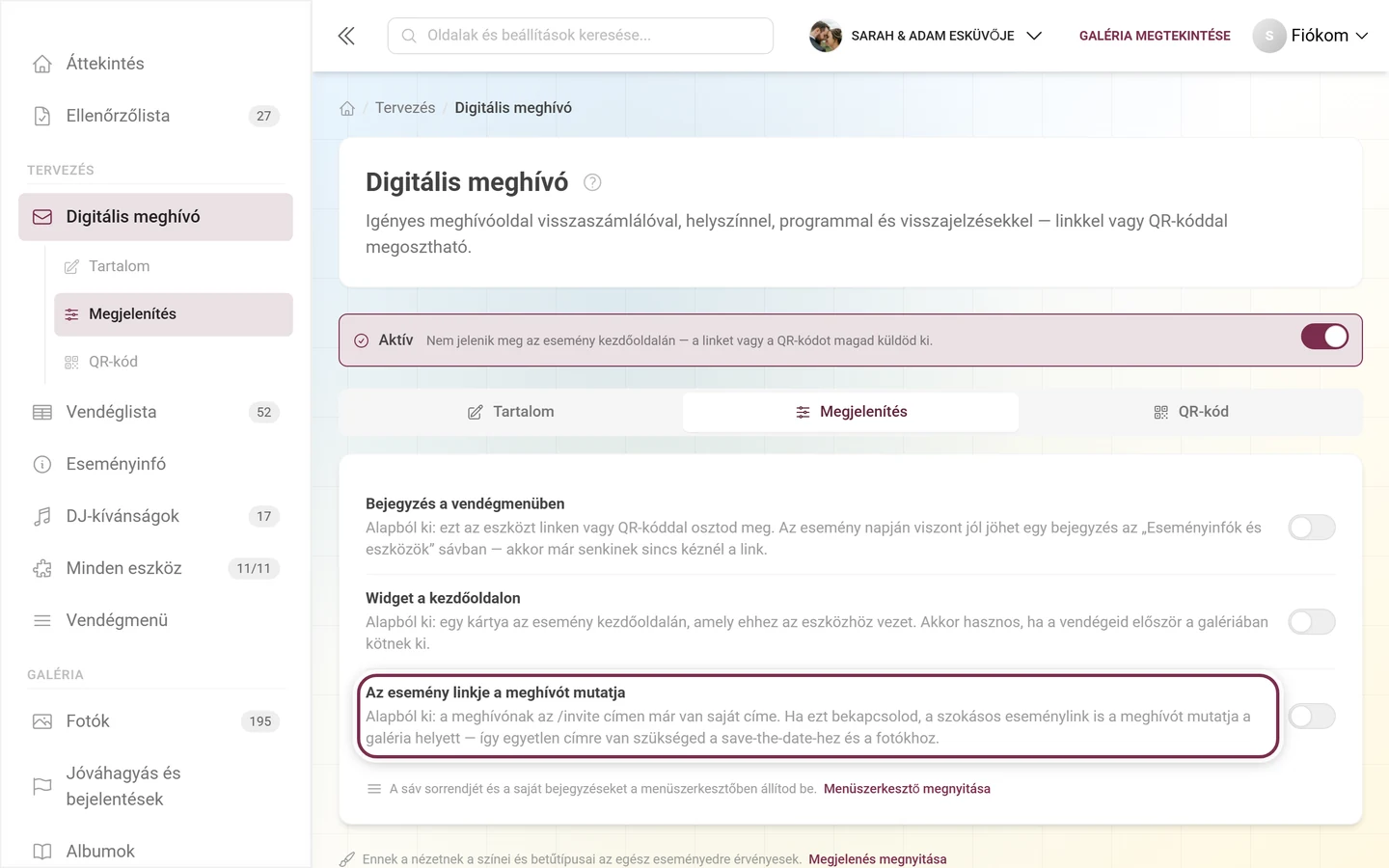 A meghívó Megjelenítés fülje, kiemelt esemény-link kapcsolóval