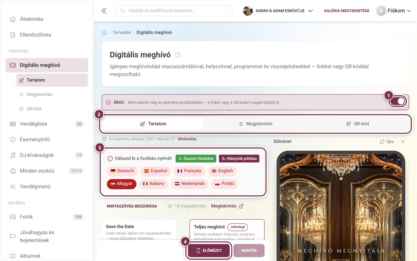 A digitális meghívó editora kiemelt mesterkapcsolóval, fülekkel, nyelvi blokkal és előnézet gombbal