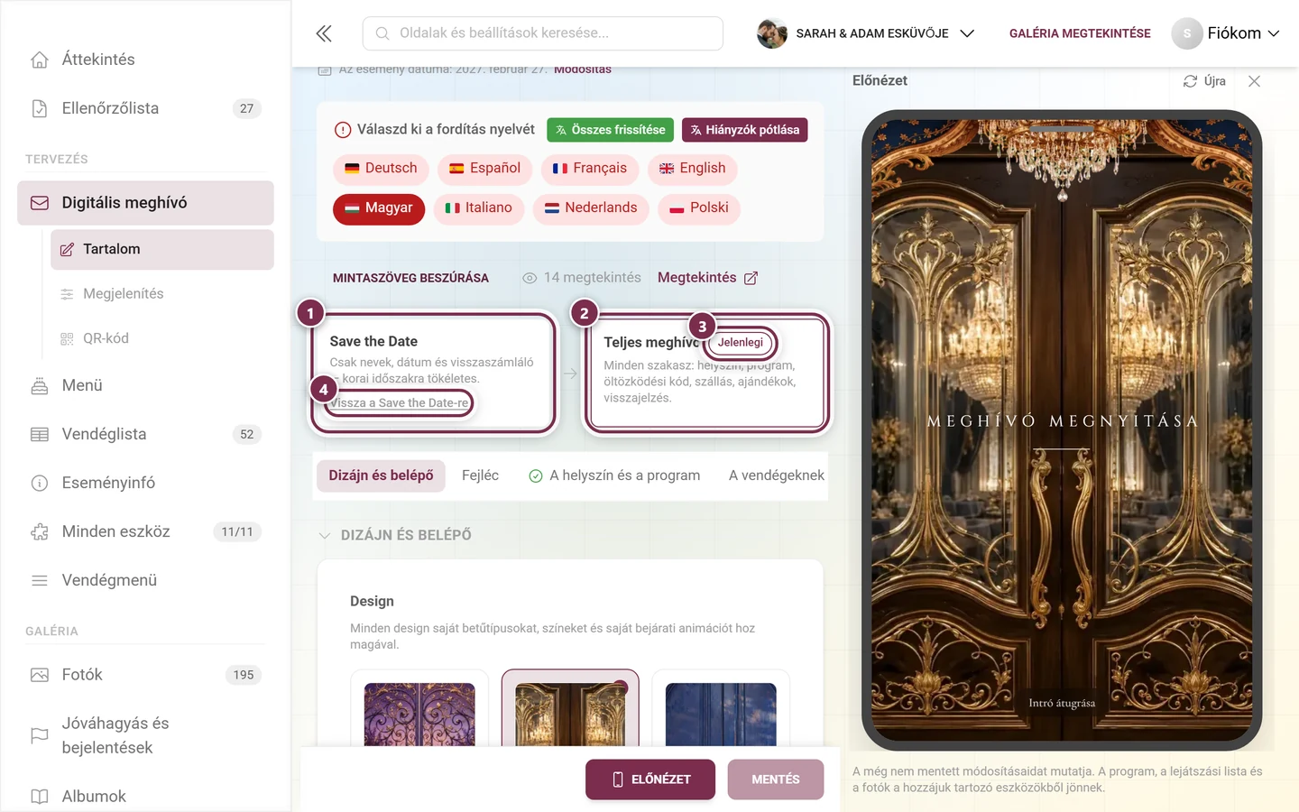 A Save the Date és a Teljes meghívó két kártyája, számozott gyűrűkkel