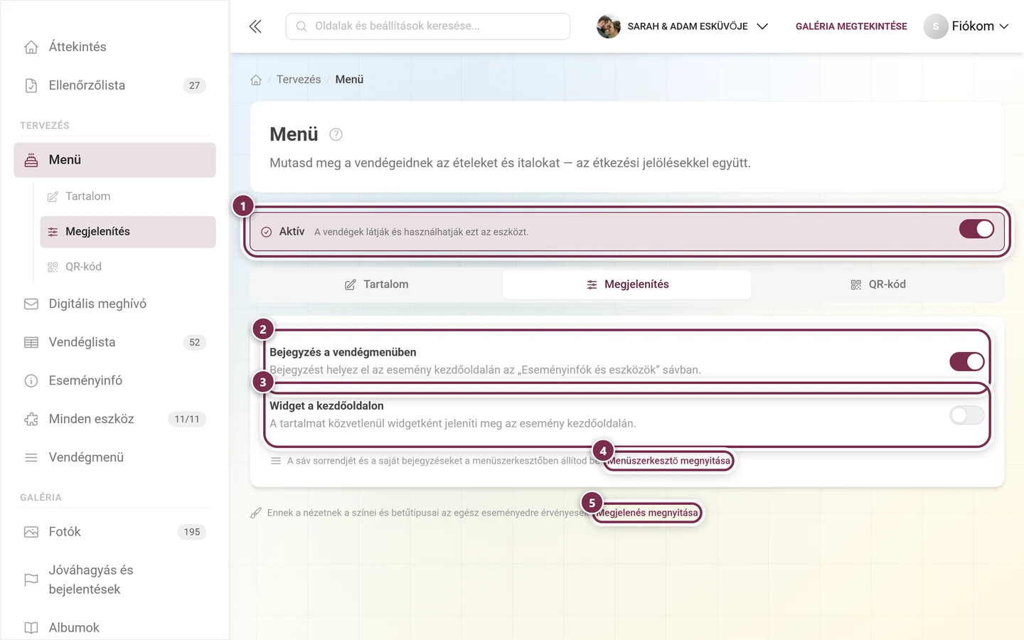 A Menü eszköz Megjelenítés füle az Aktív kapcsolóval, a Bejegyzés a vendégmenüben és a Widget a kezdőoldalon opciókkal