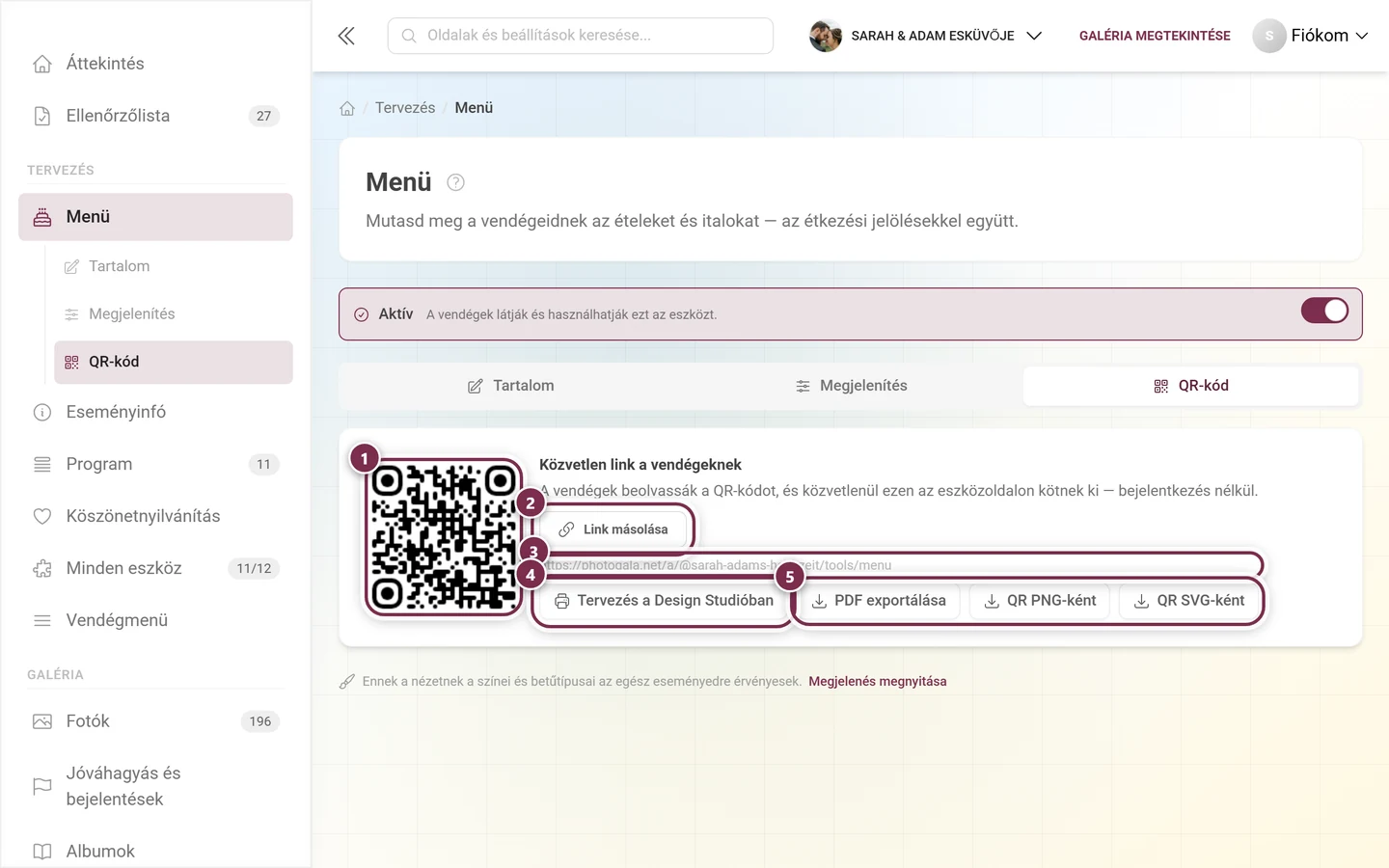 A Menü eszköz QR-kód füle a QR-kóddal, a közvetlen linkkel és a Link másolása, Tervezés a Design Studióban, PDF exportálása, QR PNG-ként és QR SVG-ként gombokkal