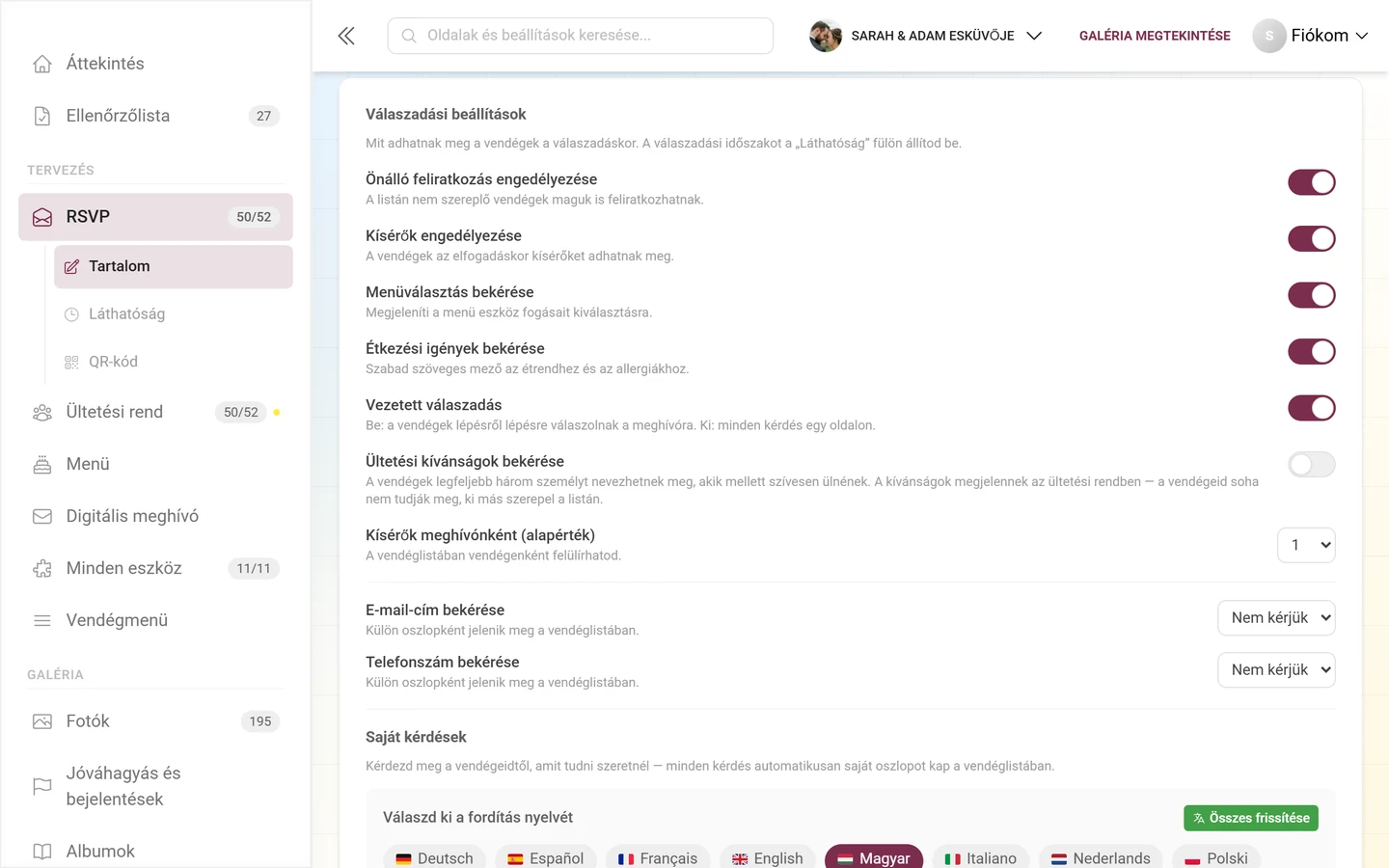 A Válaszok szakasz a beérkezett visszaigazolásokkal és lemondásokkal
