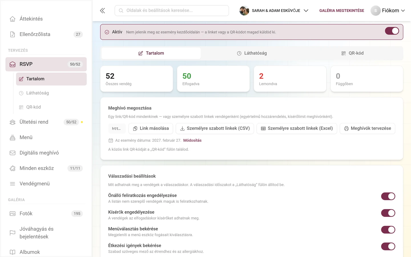 A Meghívó megosztása szakasz a link másolásával és a CSV-, illetve Excel-letöltésekkel