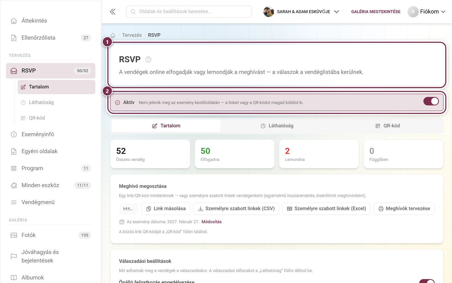 Az RSVP-editor fejléce a címmel és az aktív sávval