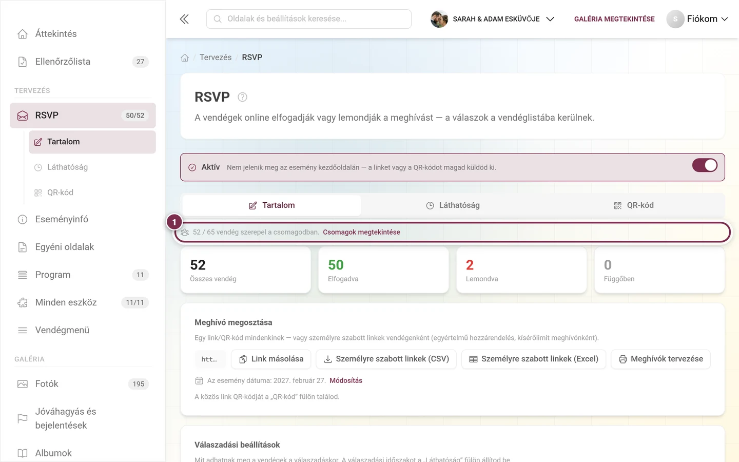 Keskeny tájékoztató sor a számok felett: 52/65 vendég a csomagodban