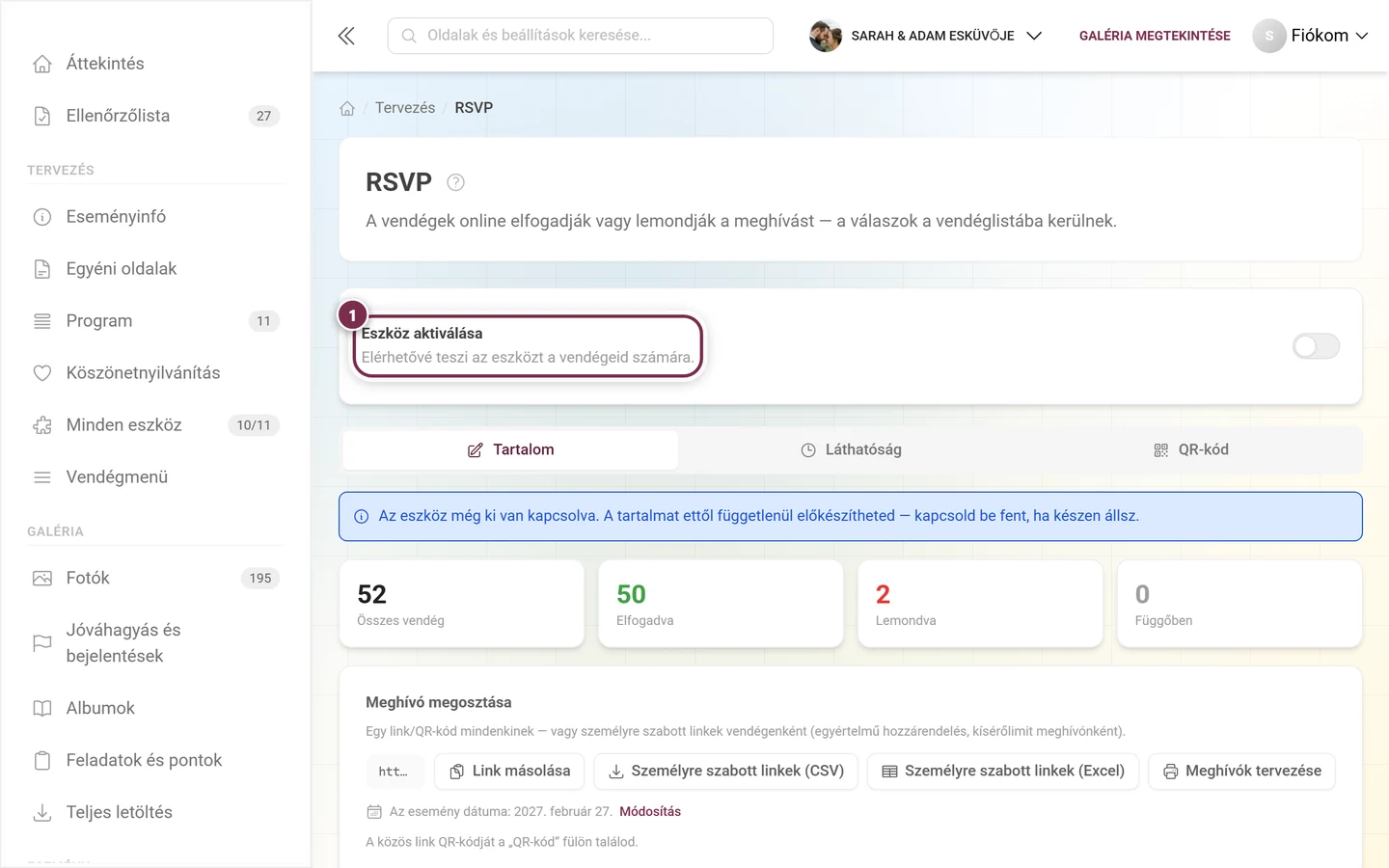Az Eszköz aktiválása kártya kikapcsolt állapotban, alatta a kék tájékoztatóval