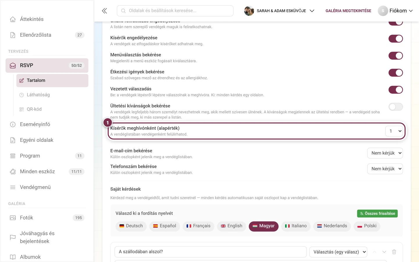 A Kísérők meghívónként (alapérték) legördülő menü