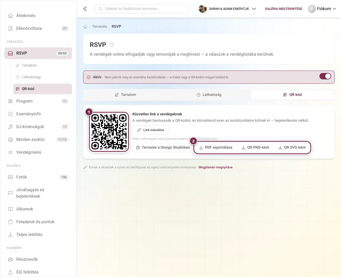 A QR-kód fül a kóddal, a közvetlen linkkel és a három fájl-gombbal
