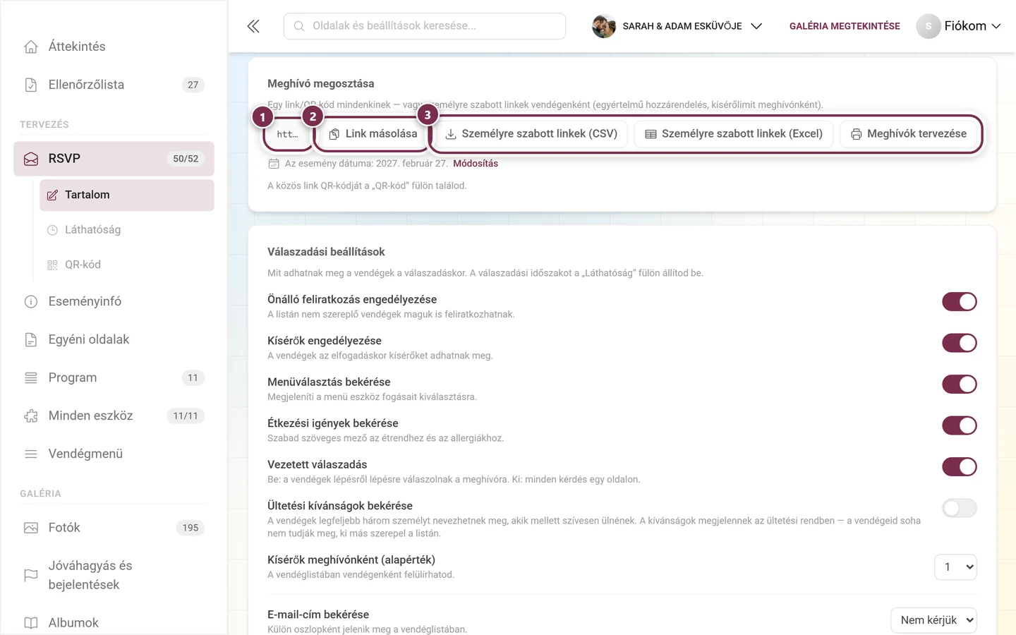 A Meghívó megosztása szakasz a címmel, a Link másolása gombbal és a három kiküldési gombbal