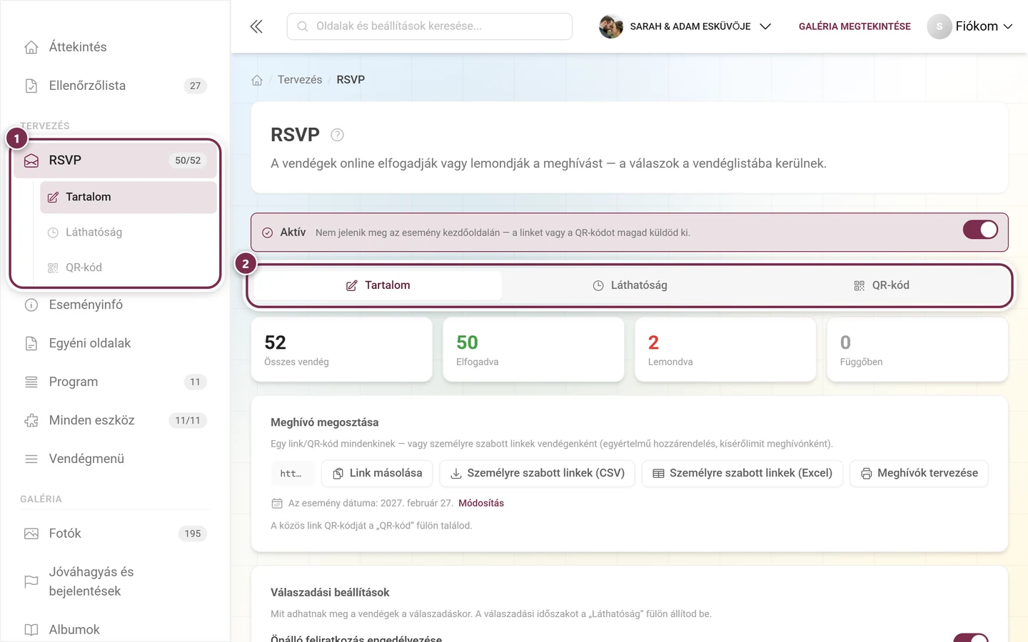 Oldalsáv a kiemelt RSVP-bejegyzéssel a Tervezés alatt és az editor fülsorával