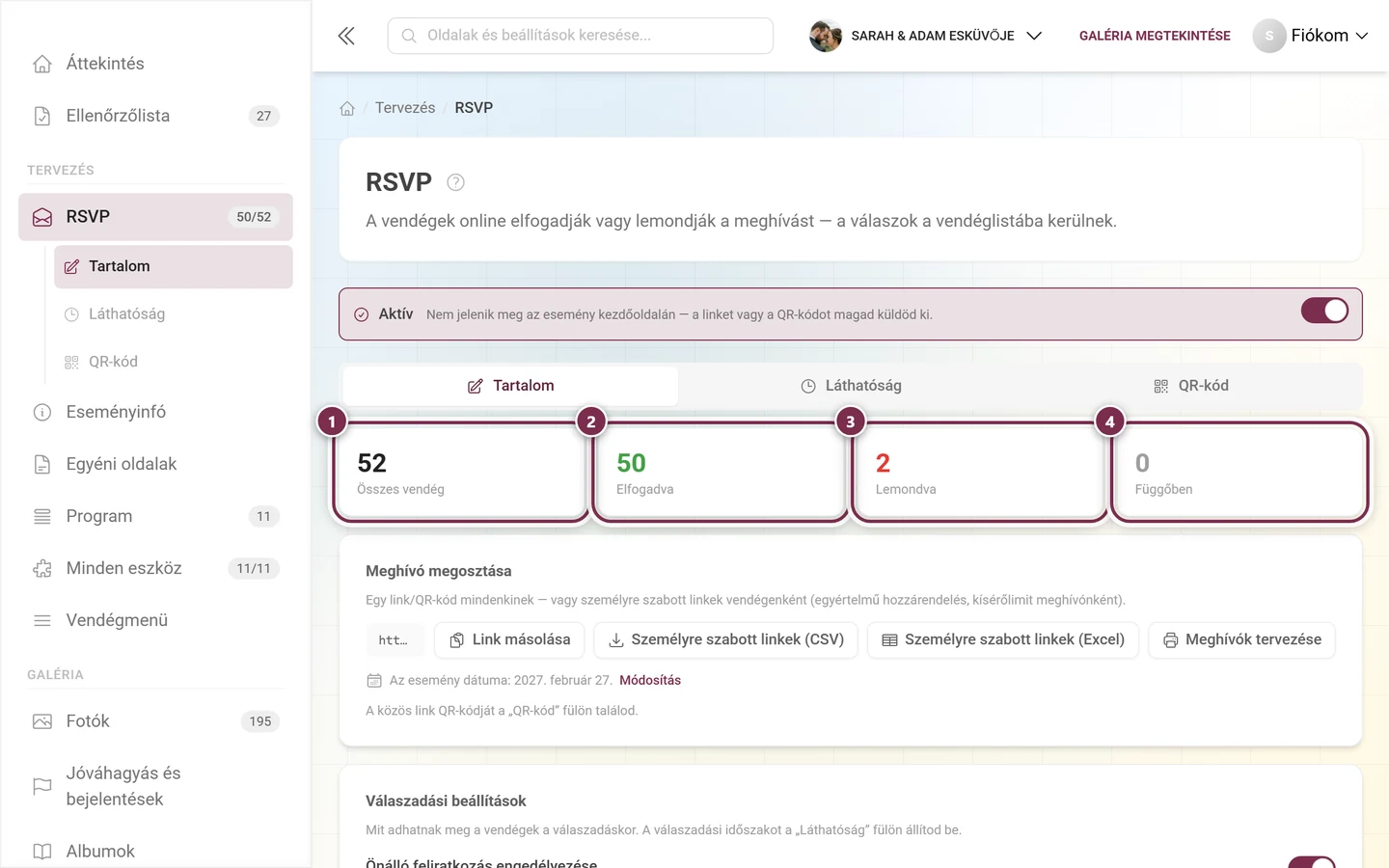 A négy statisztikai kártya: Összes vendég, Igen válaszok, Lemondva és Nyitott
