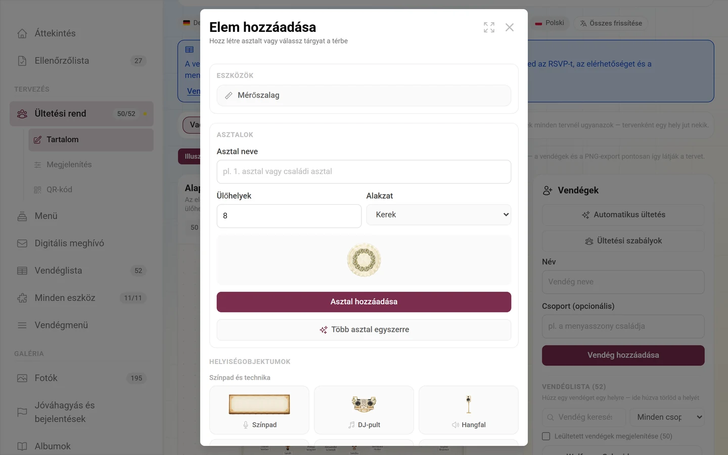 Elem hozzáadása párbeszédablak az asztal-űrlappal és a helyiségobjektumokkal