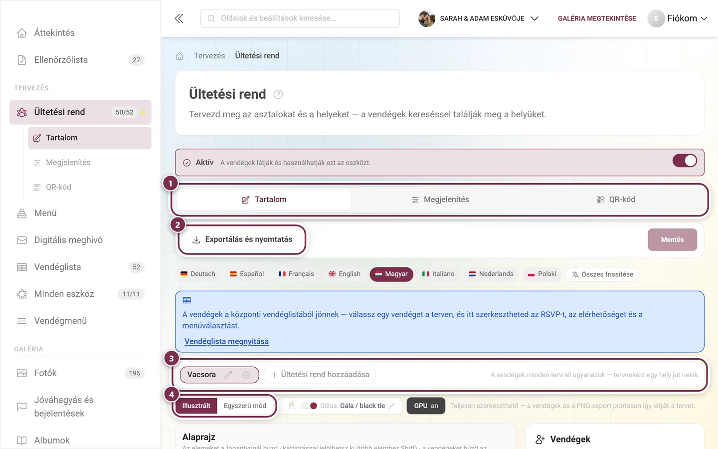 Az ültetésirend-szerkesztő fejléce a fülekkel, Exportálás és nyomtatás, tervválasztó és a nézetkapcsoló kiemelésével