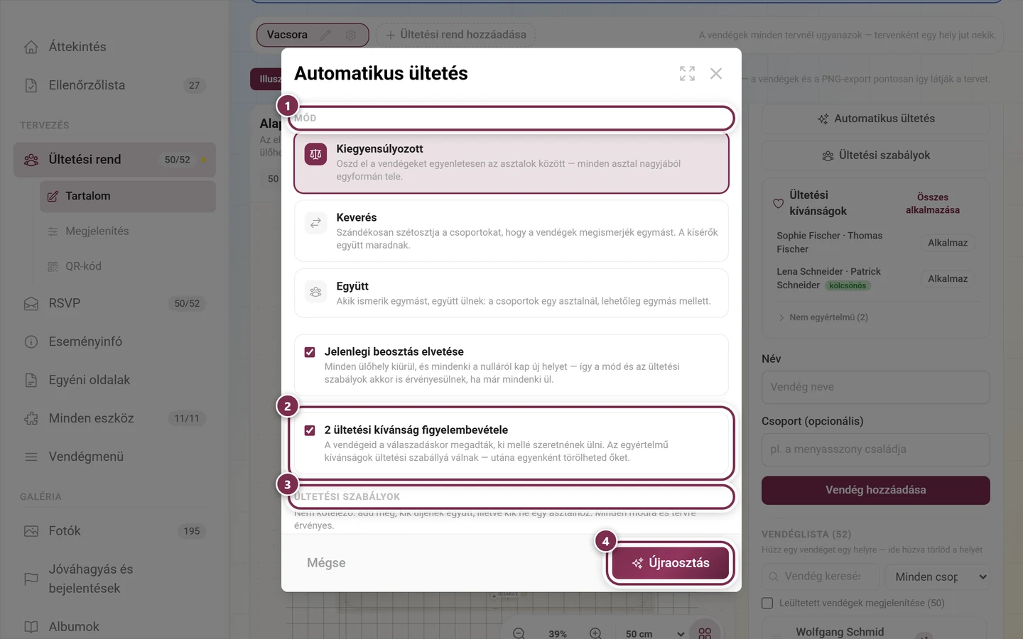 Automatikus ültetés párbeszédablak a kiemelt módterülettel, a kívánság opcióval, az ültetési szabályok szakasszal és a letiltott Mindenkinek van már helye gombbal
