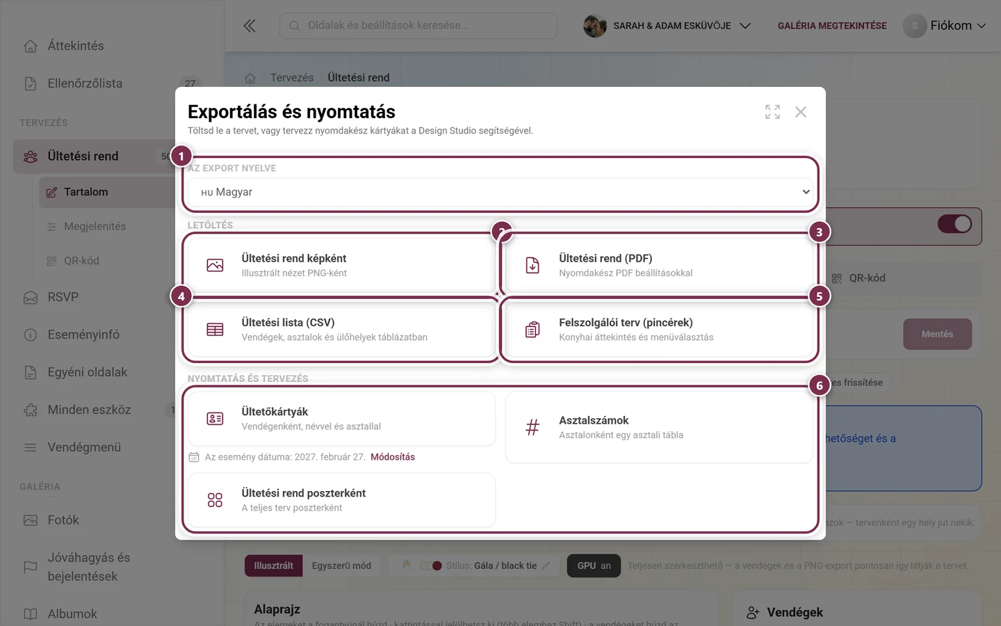 Exportálás és nyomtatás párbeszédablak a kiemelt nyelvválasztóval, a négy letöltési kártyával és a Nyomtatás és tervezés szakasszal