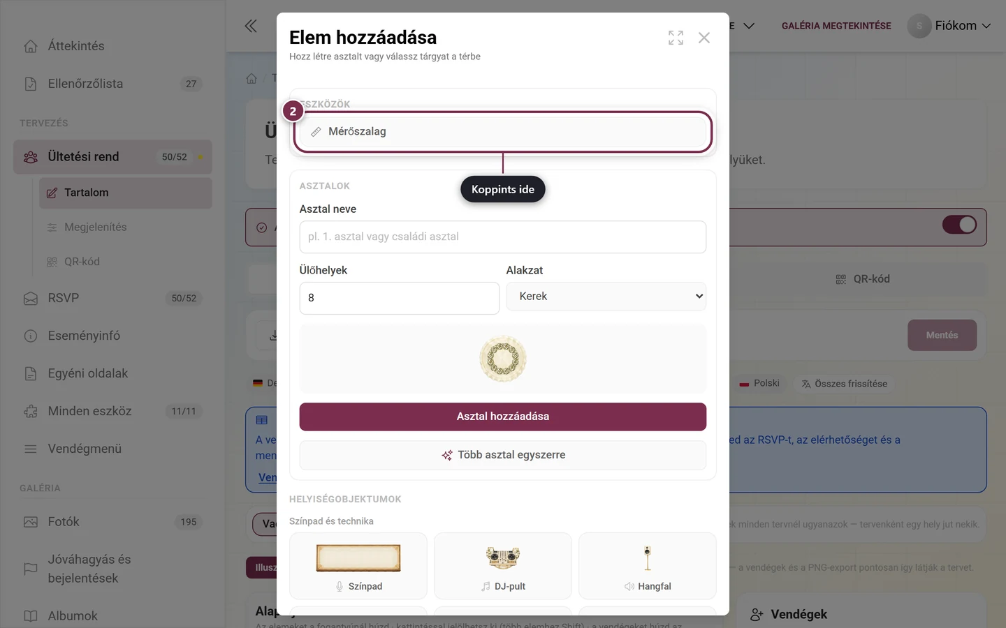 Elem hozzáadása párbeszédablak a piros kerettel kiemelt Mérőszalag gombbal az Eszközök szakaszban