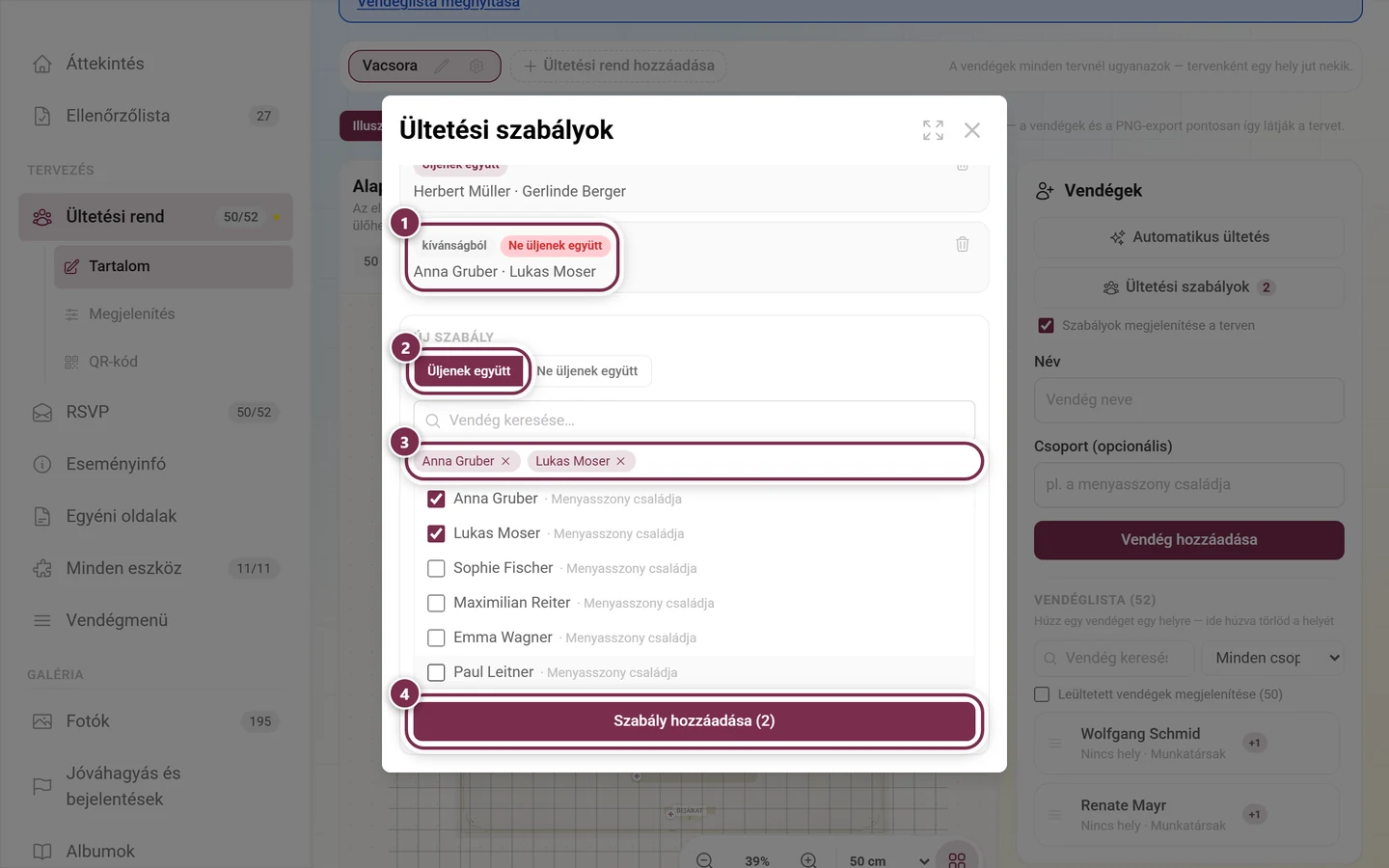 Ültetési szabályok párbeszédablak egy kívánságból származó meglévő szabállyal, a típusváltóval, a kiválasztott vendégek névcímkéivel és a Szabály hozzáadása gombbal