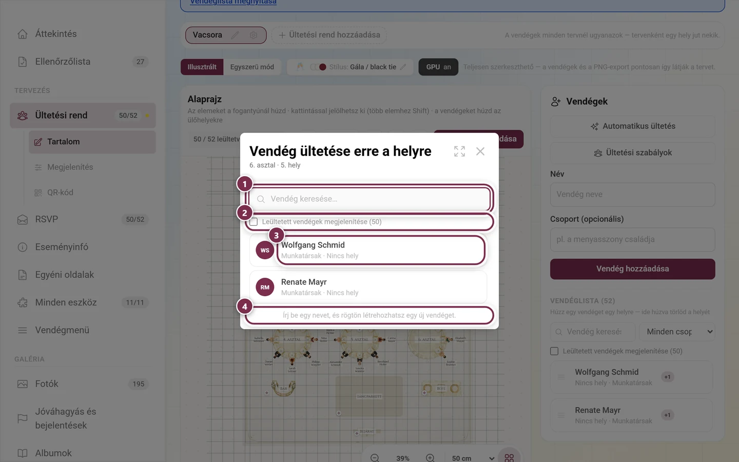 Vendég ültetése erre a helyre párbeszédablak a kiemelt keresőmezővel, a leültetett vendégek jelölőnégyzetével, egy vendégsorral és az új vendég létrehozására vonatkozó tipptel