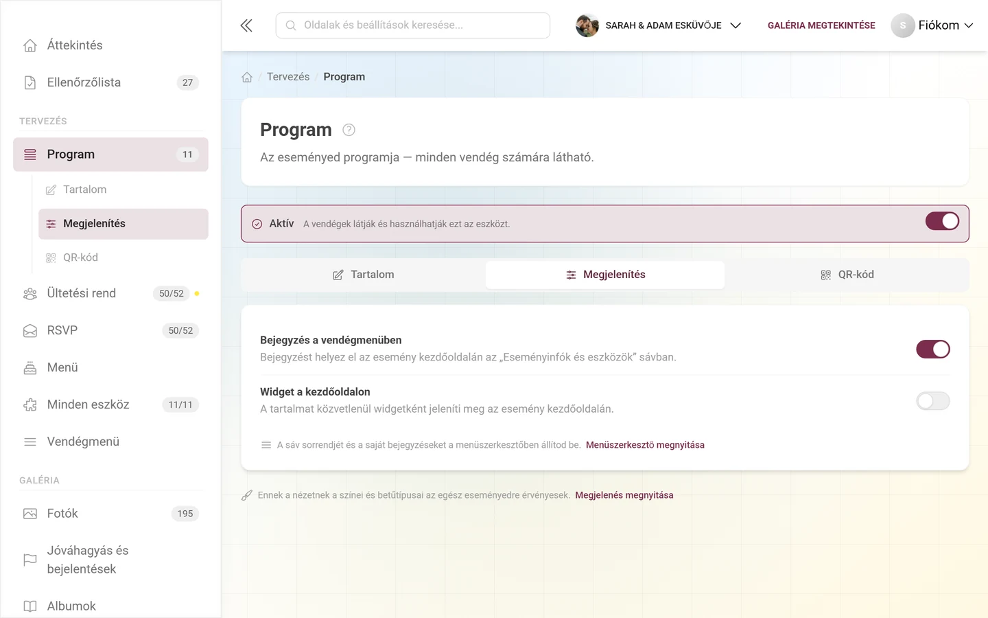 Megjelenítés fül a widget és a vendégmenü kapcsolóival