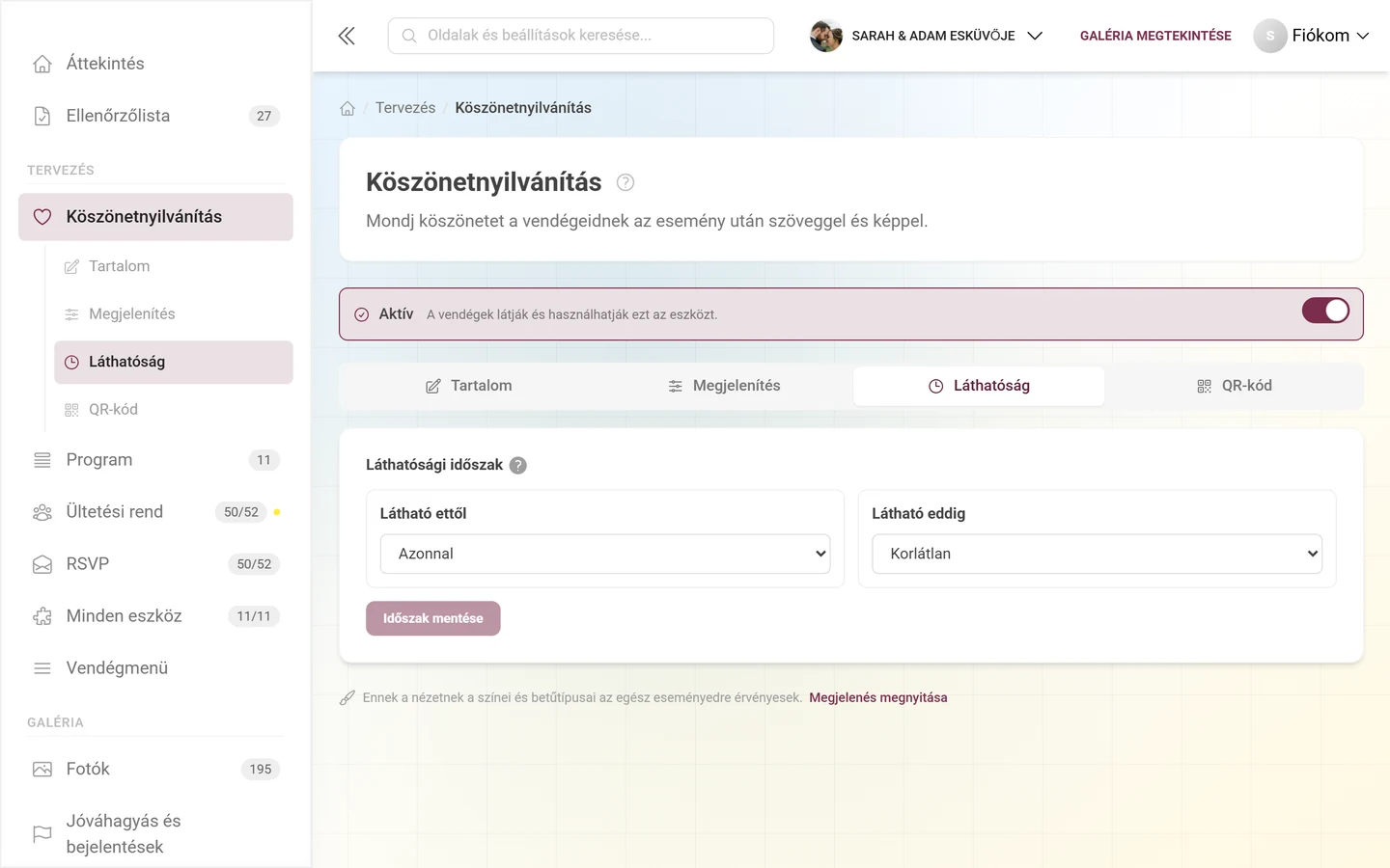 Láthatóság fül a kezdő és záró időpont módjaival