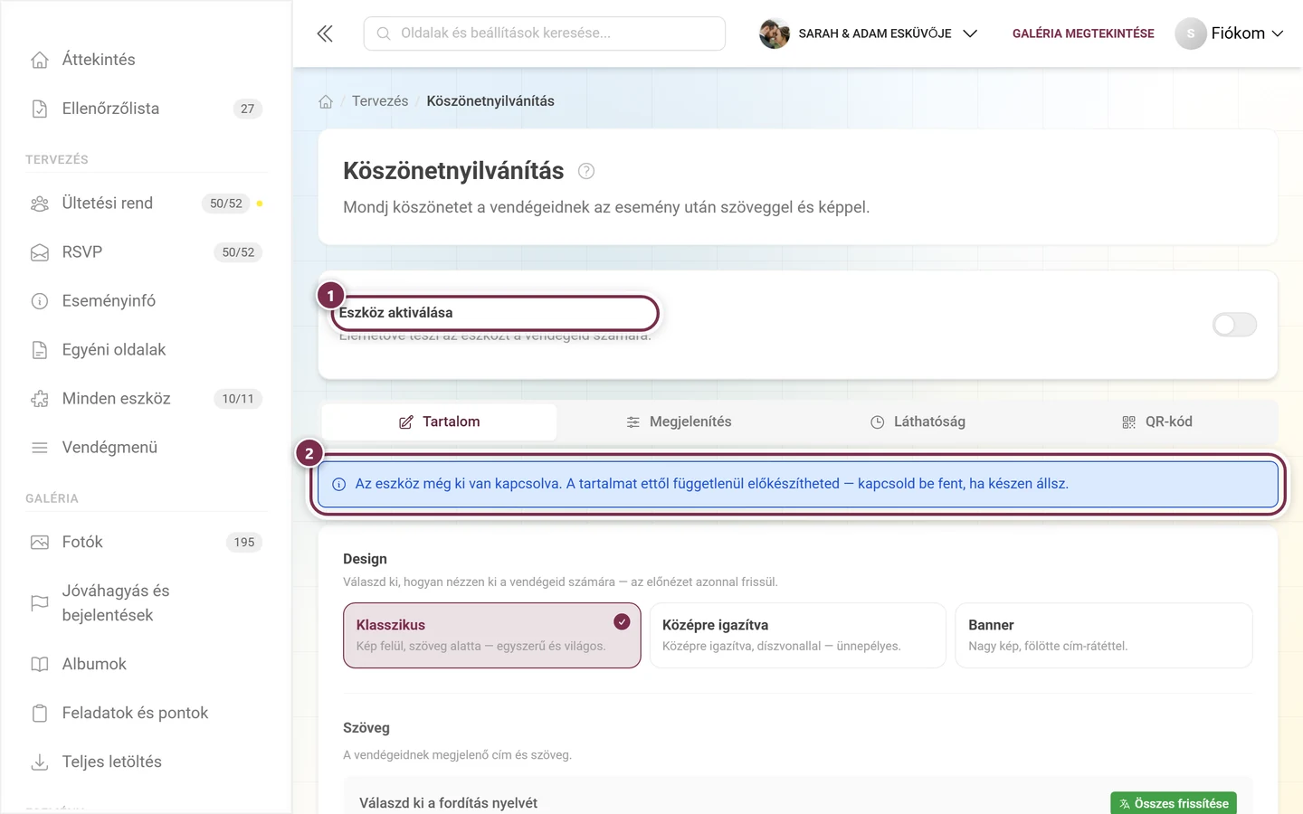 Köszönetnyilvánítás kikapcsolt eszközzel és kék tájékoztatóval a vázlat módról