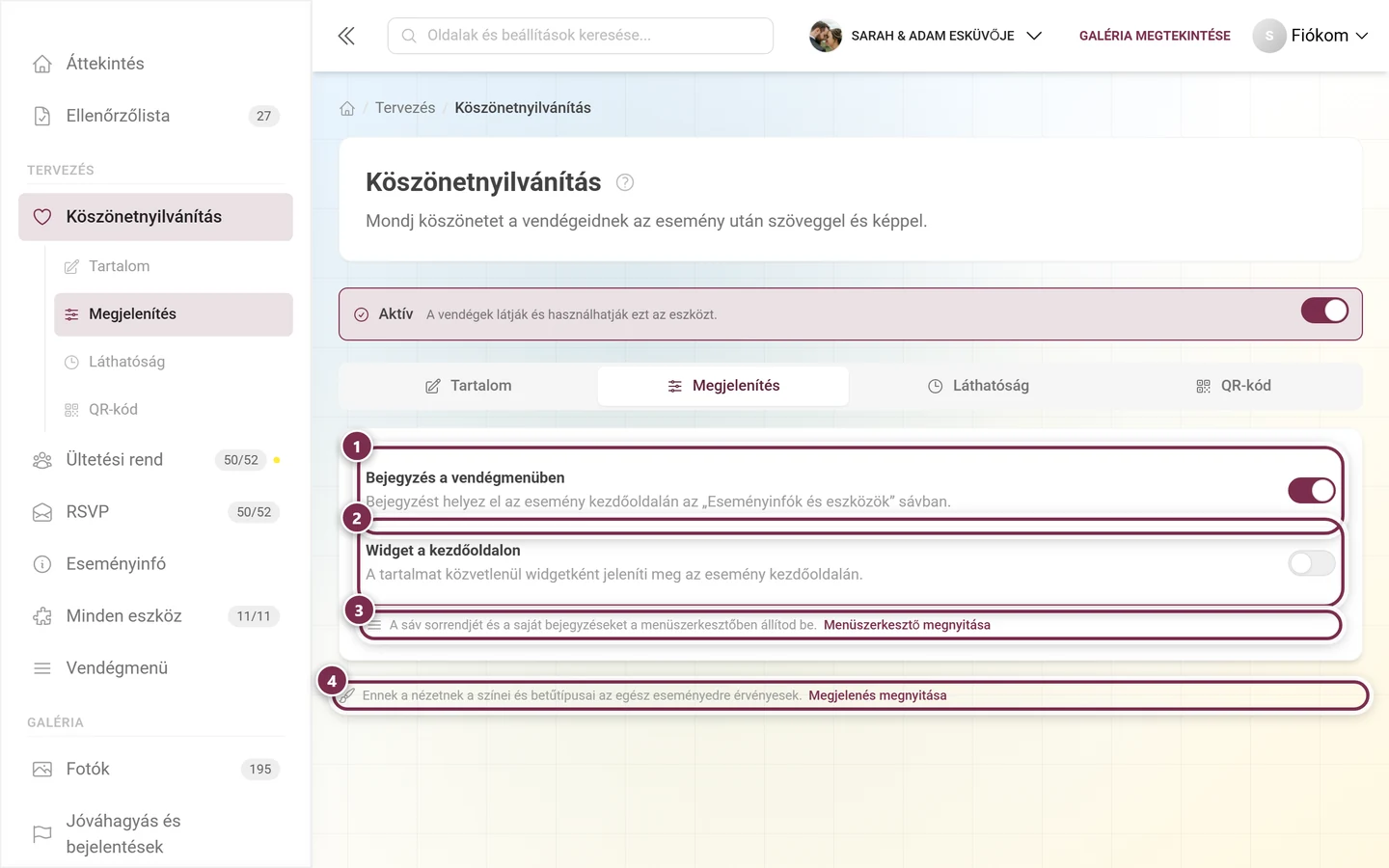 Megjelenítés fül a vendégmenühöz és a kezdőoldali widgethez tartozó kapcsolókkal, valamint két kereszthivatkozással
