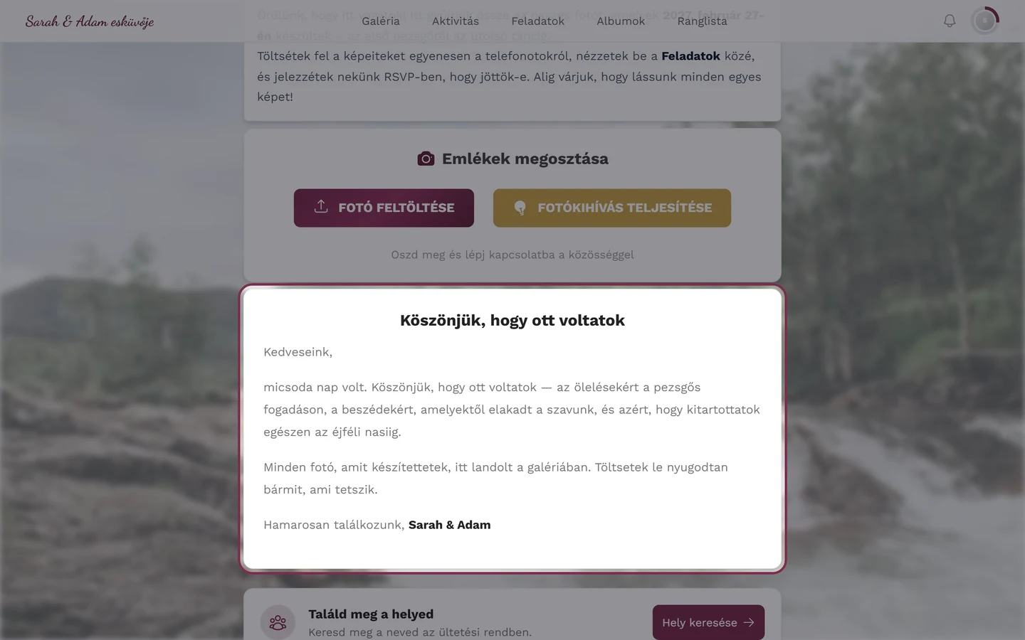 Köszönetnyilvánítás widgetként az esemény kezdőoldalán, vendégnézetben