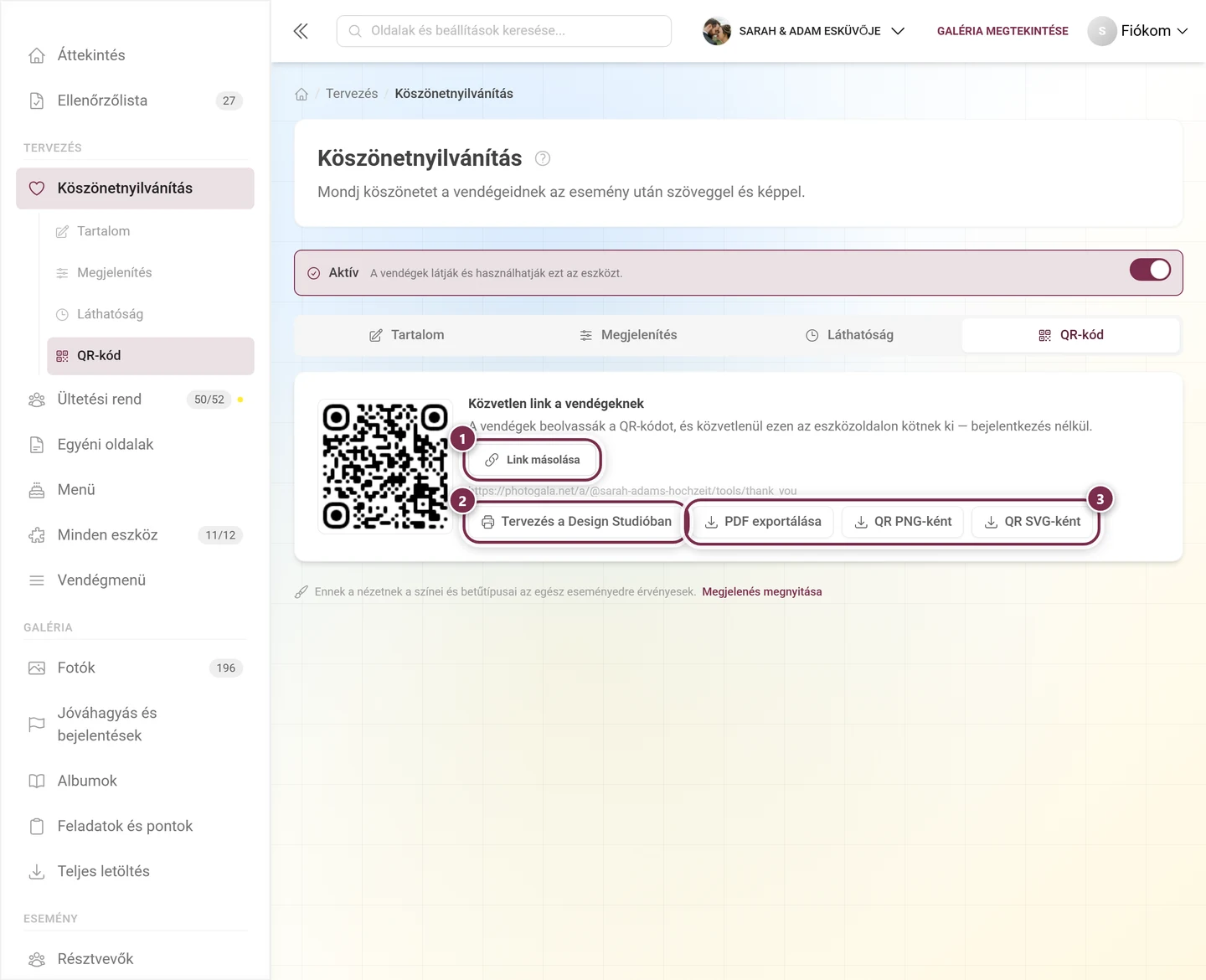 QR-kód fül a közvetlen linkkel, a Design Studio gombbal és a három fájlexporttal