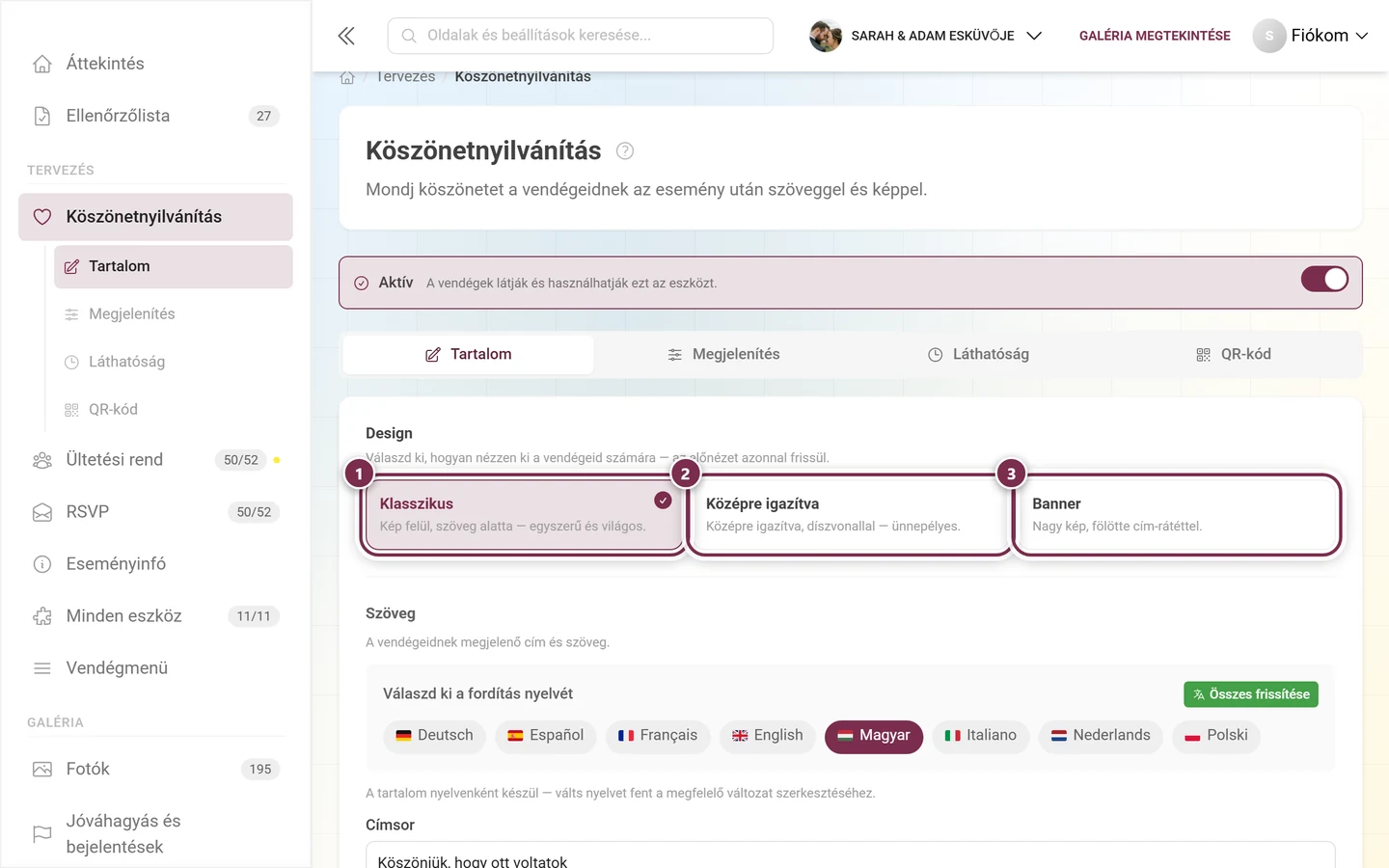 Design-választó a Klasszikus, Középre igazítva és Banner kártyákkal