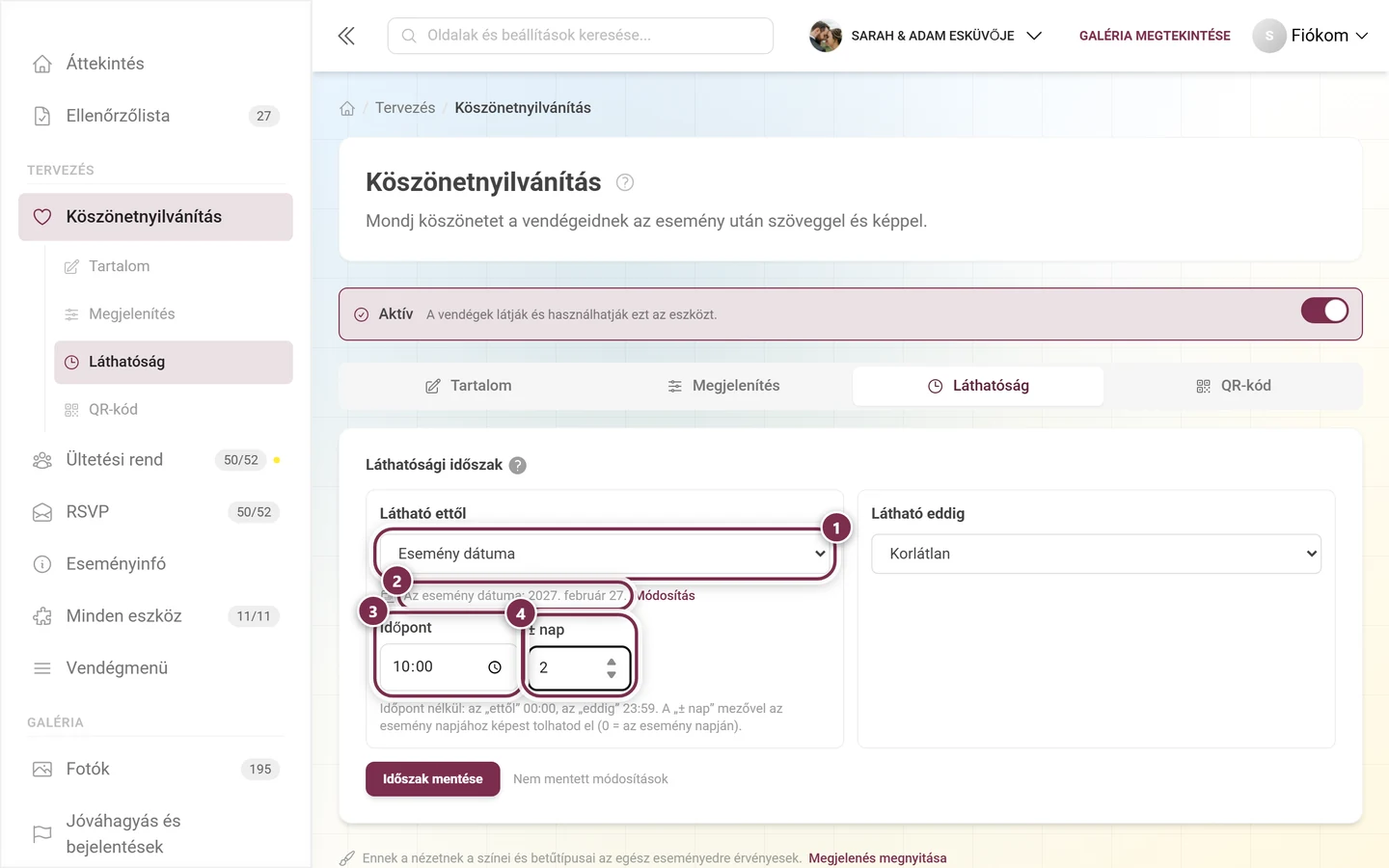 Látható ettől Esemény dátuma módban dátumjelzéssel, időponttal és napeltolással
