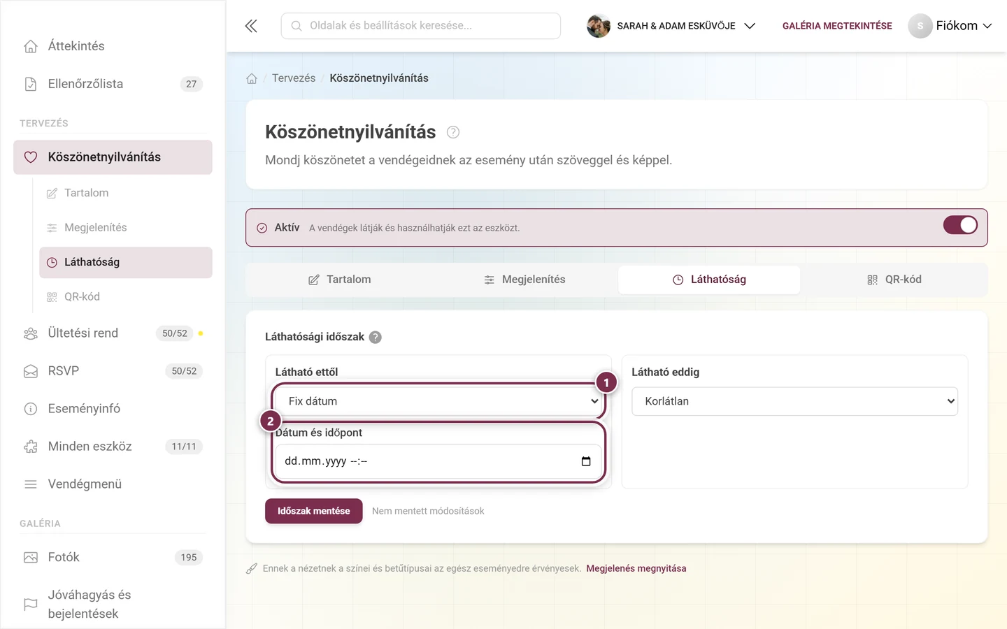 Látható ettől Fix dátum módban a Dátum és időpont mezővel