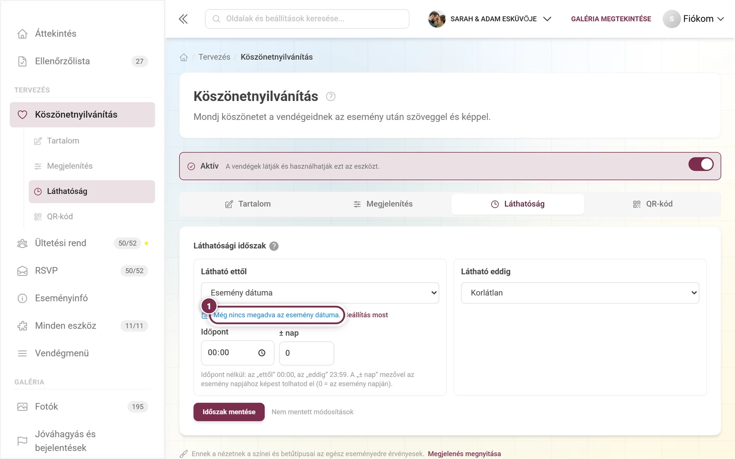Még nincs megadva esemény dátuma tájékoztatás a Beállítás most linkkel