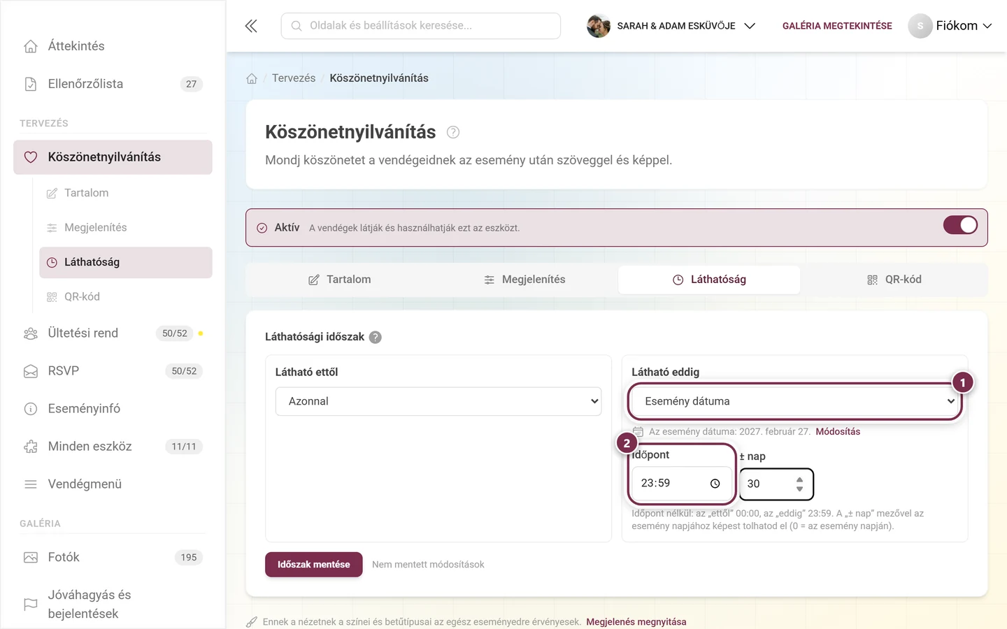 Látható eddig Esemény dátuma módban, 23:59-re előre kitöltött időponttal