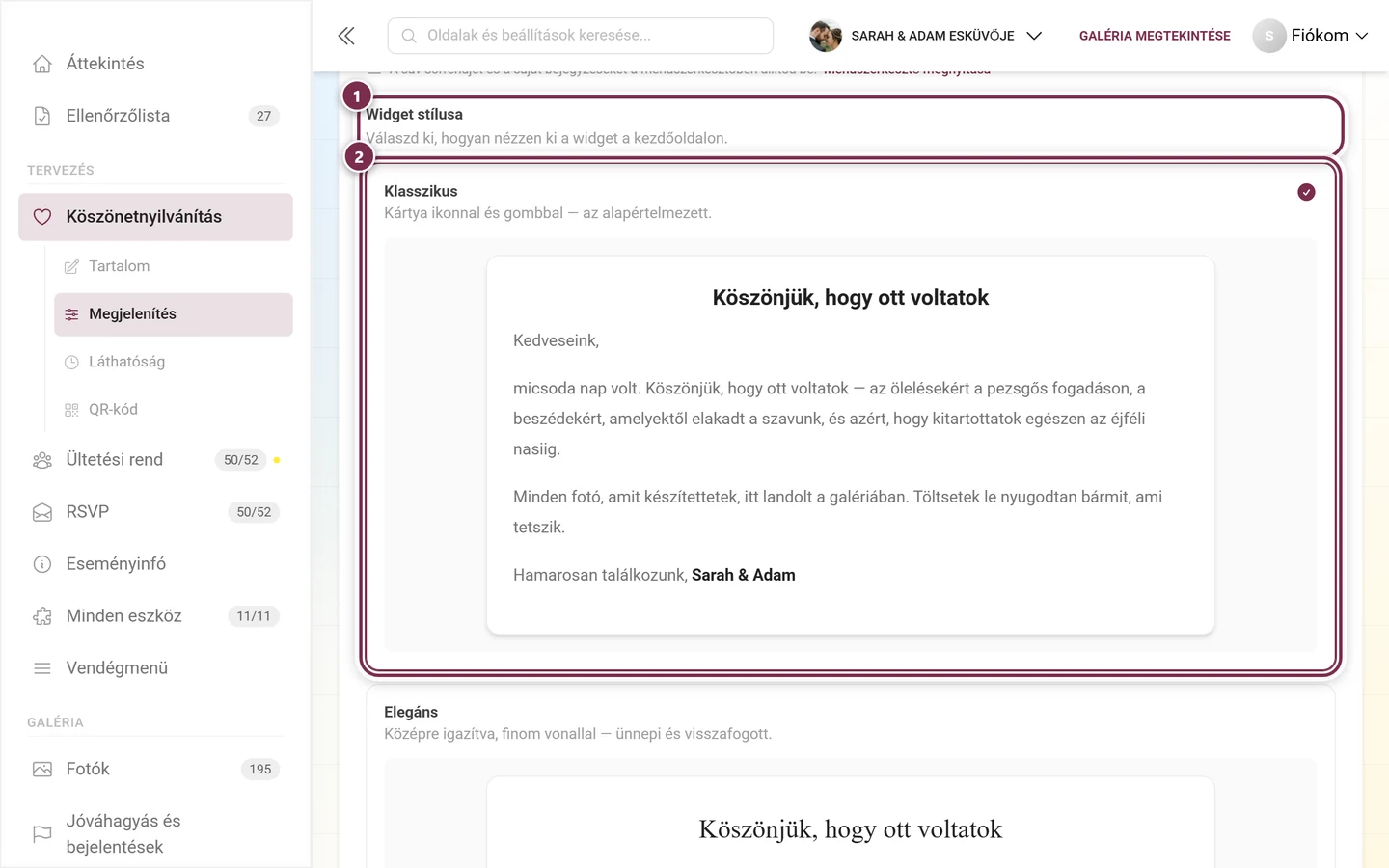 Widget stílusának kiválasztása a Klasszikus kártyával kiválasztva