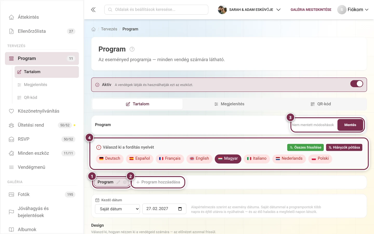 Program-eszköz a kiemelt fülsorral, Program hozzáadása gombbal, nyelvsávval és Mentéssel