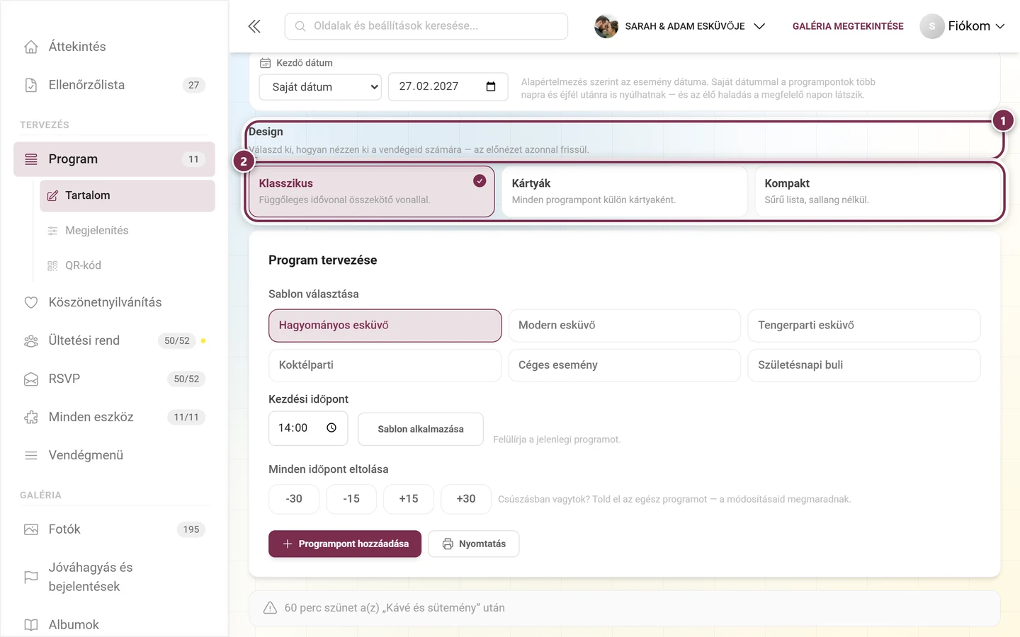 Design szakasz a kiemelt címsorral és megjegyzéssel, valamint a három design-kártyával