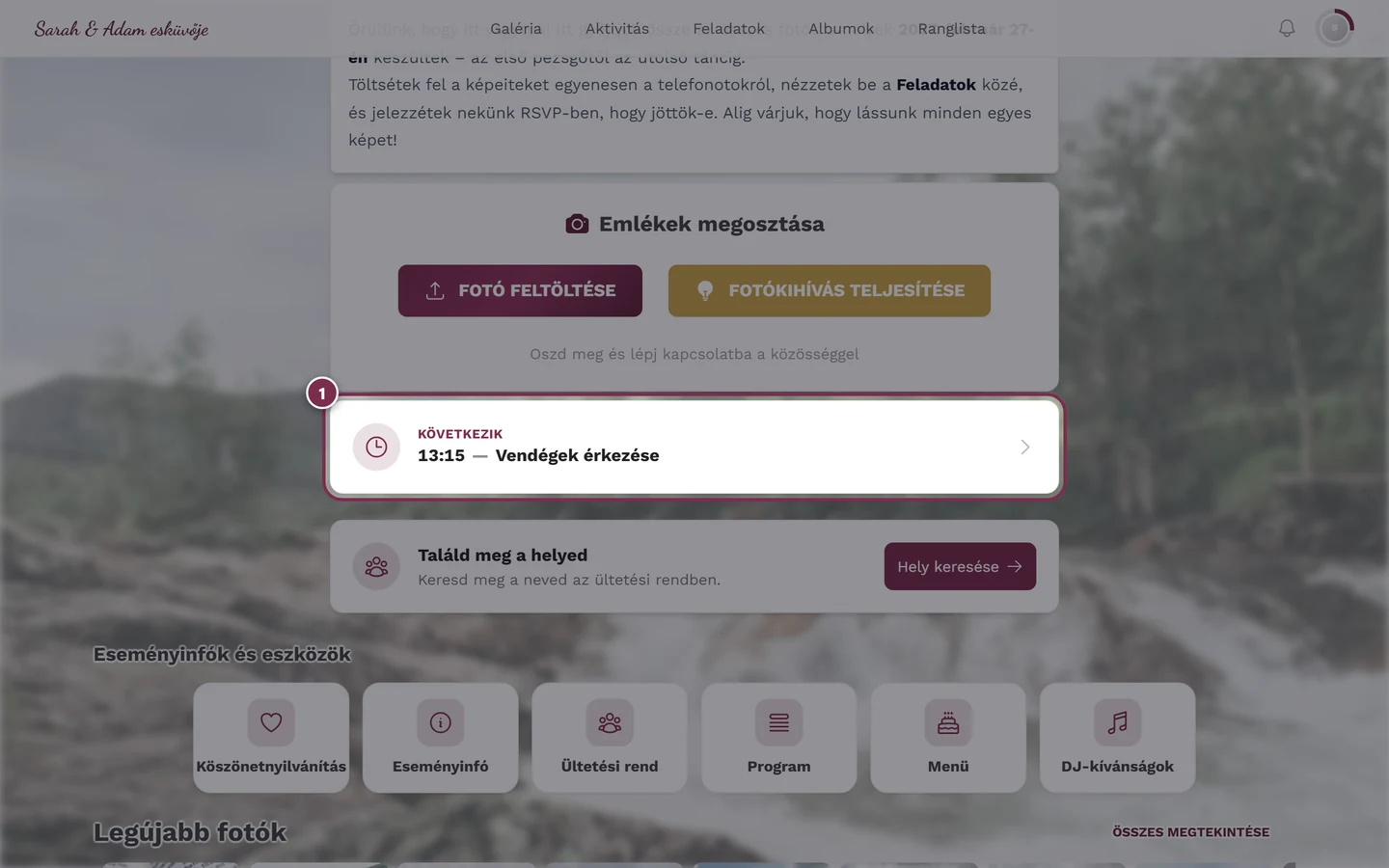 A galéria kezdőoldala a Következik program-widgettel