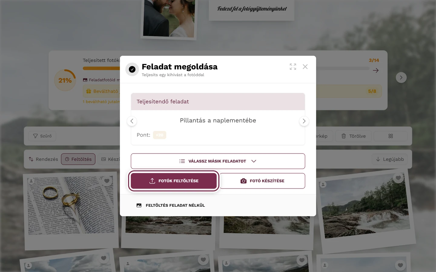 A feltöltési párbeszédablak 2. lépése a kiválasztott kihívással, a kiemelt Fotó kiválasztása gombbal