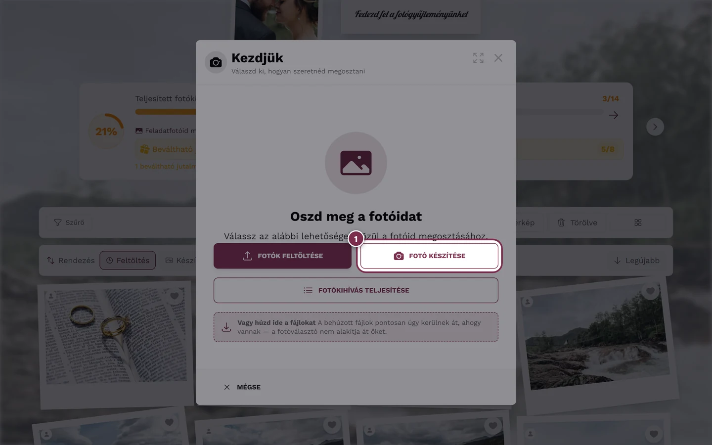 Feltöltési párbeszédablak, kiemelt Fotó készítése gombbal