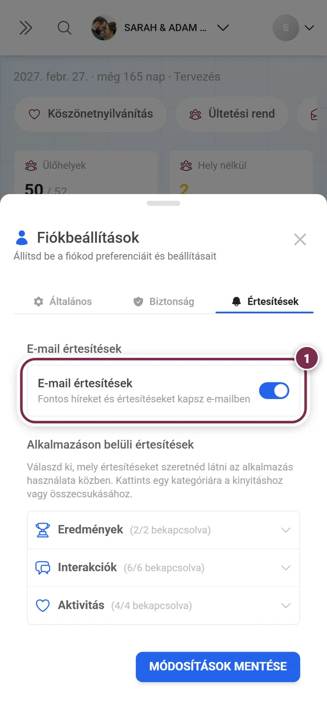 Értesítések fül, pirossal kiemelt E-mail értesítések dobozzal és a kapcsolóval jobb oldalt