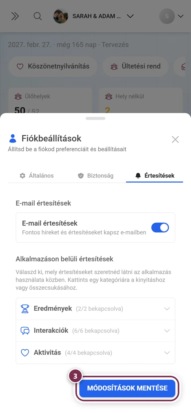 Az Értesítések fül alsó része a pirossal kiemelt Módosítások mentése gombbal