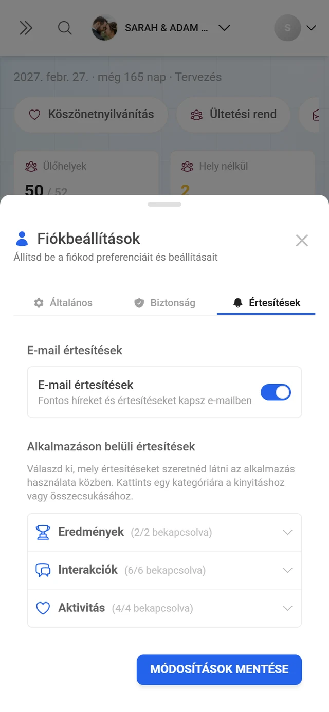Fiókbeállítások párbeszédablak az aktív Értesítések füllel