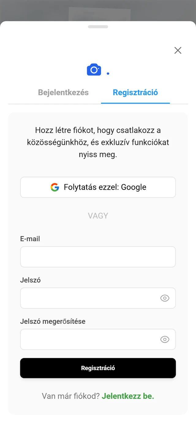 Regisztrációs nézet e-mail, jelszó és jelszó megerősítése mezőkkel