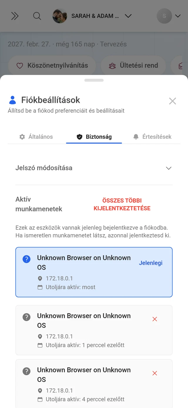 A fiókbeállítások Biztonság lapfüle az aktív munkamenetek listájával
