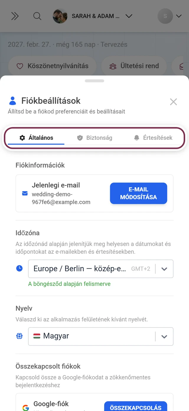 Fiókbeállítások párbeszédablak a fülsávval pirosan megjelölve