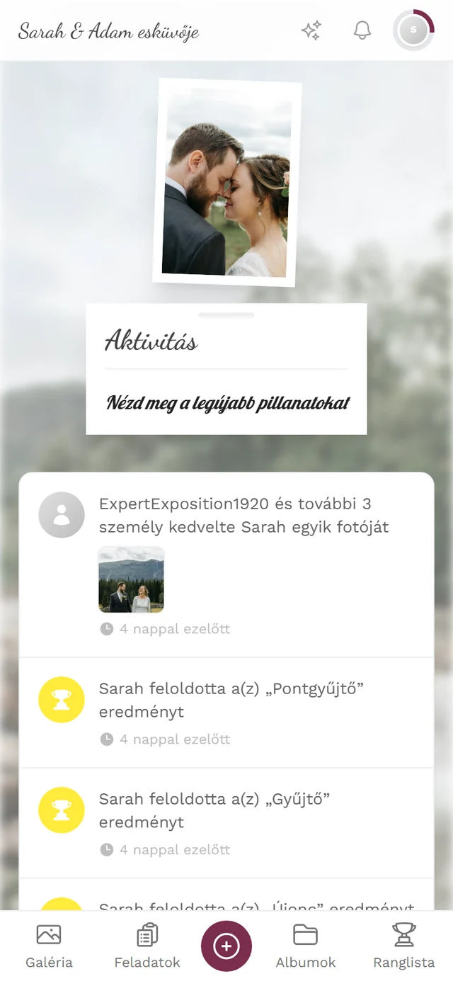 Időrendi lista új feltöltésekkel, hozzászólásokkal, kedvelésekkel és eredményekkel
