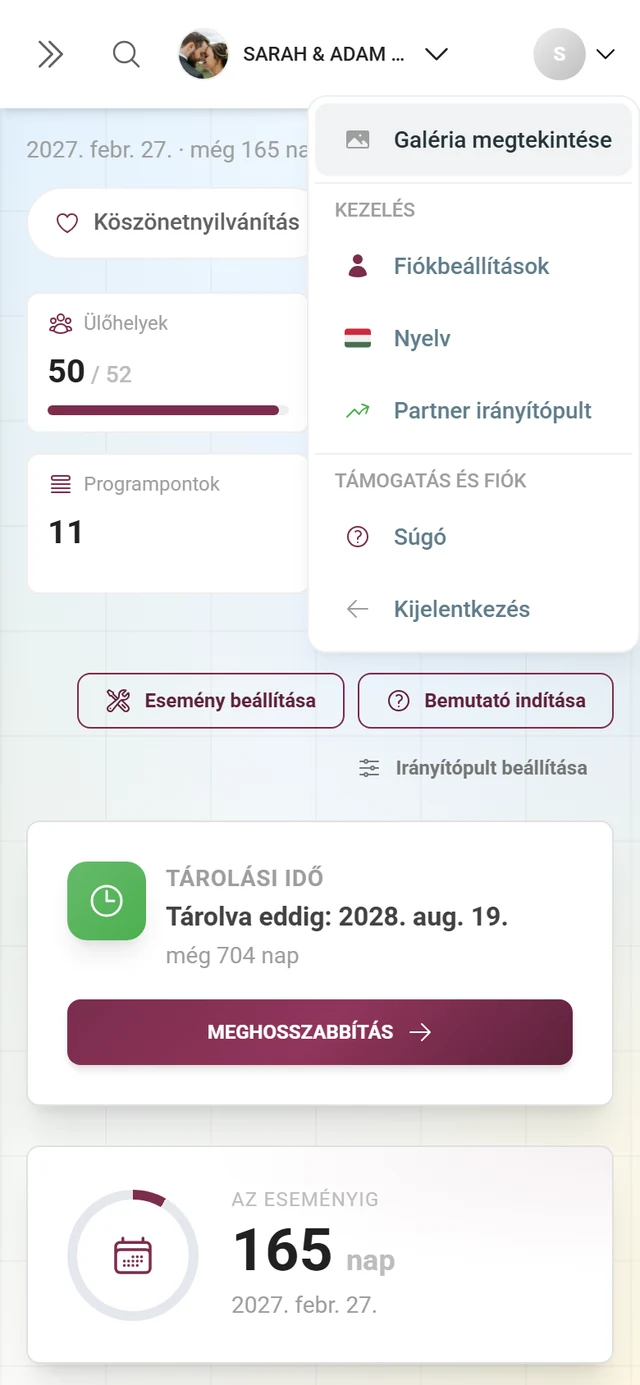 Kinyitott Fiókom menü a Kezelés és a Támogatás és fiók szakaszokkal